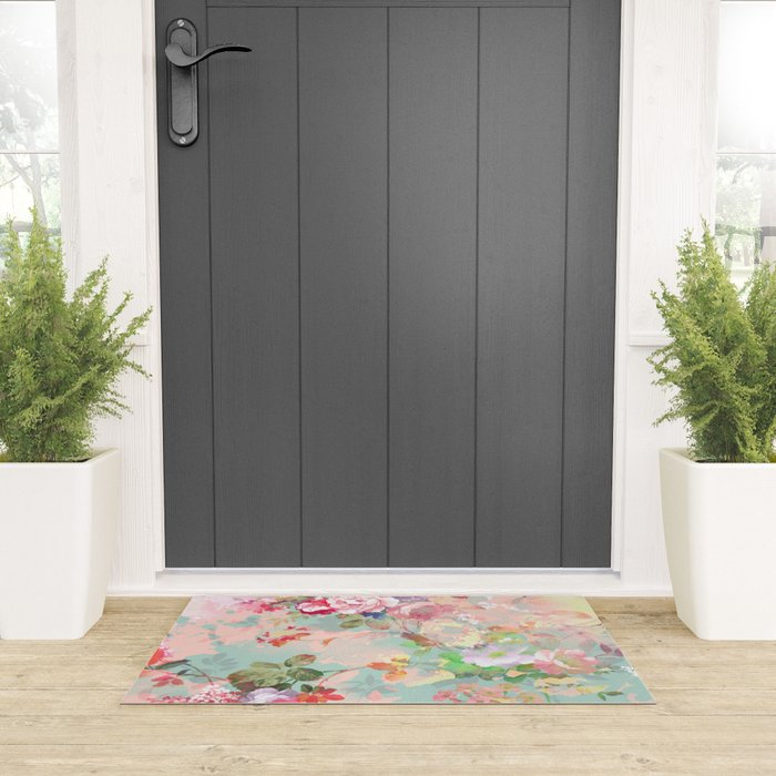 Botanical neo mint pink abstract watercolor floral pattern Welcome Mat Gallery Image 3