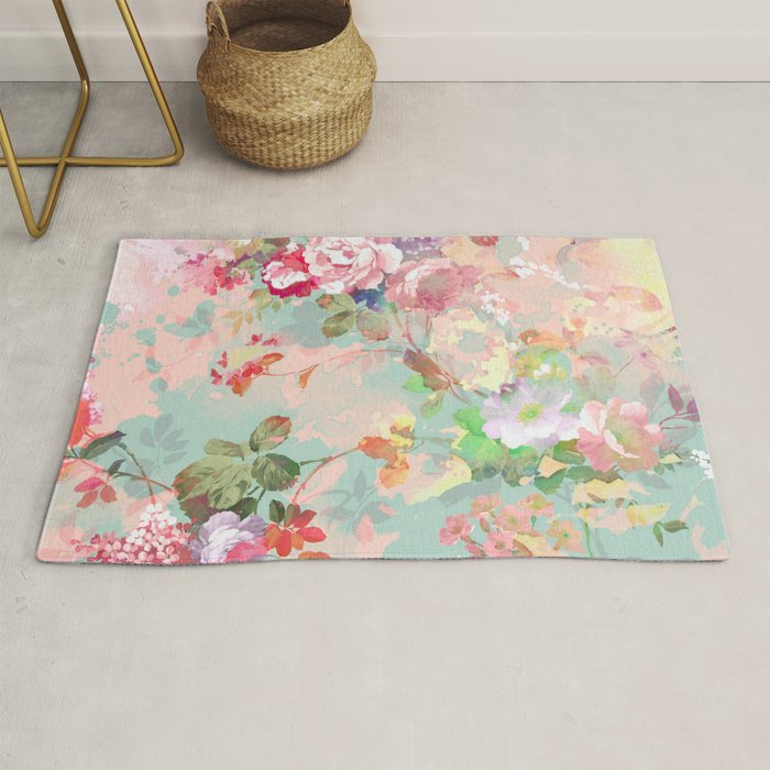 Botanical neo mint pink abstract watercolor floral pattern Rug Gallery Image 1