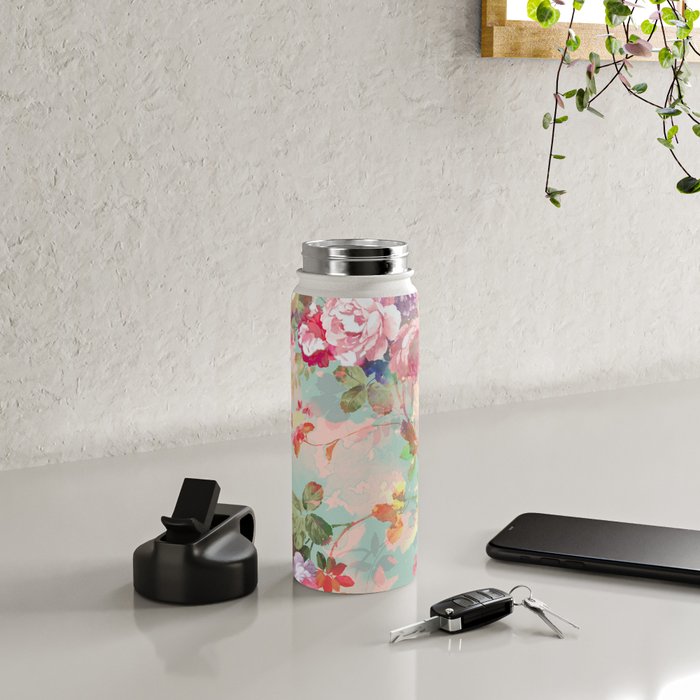 Botanical neo mint pink abstract watercolor floral pattern Water Bottle Gallery Image 4