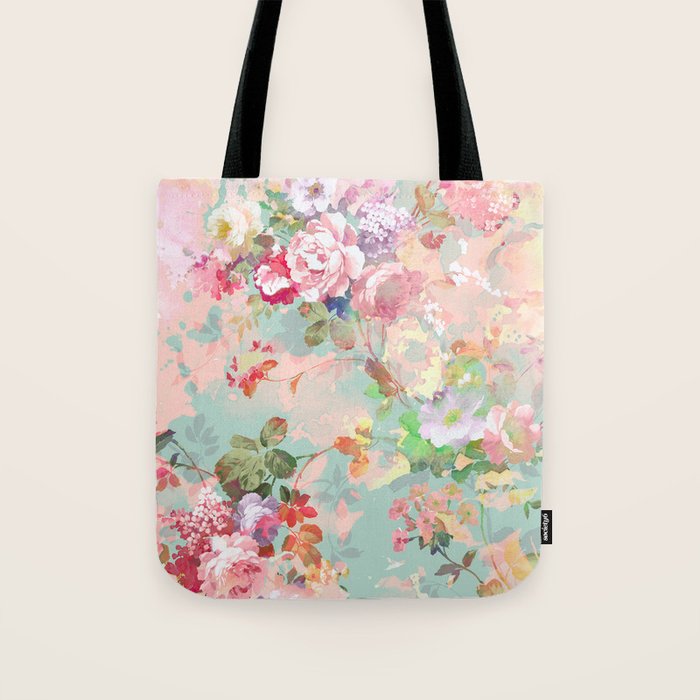 Botanical neo mint pink abstract watercolor floral pattern Tote Bag Gallery Image 1