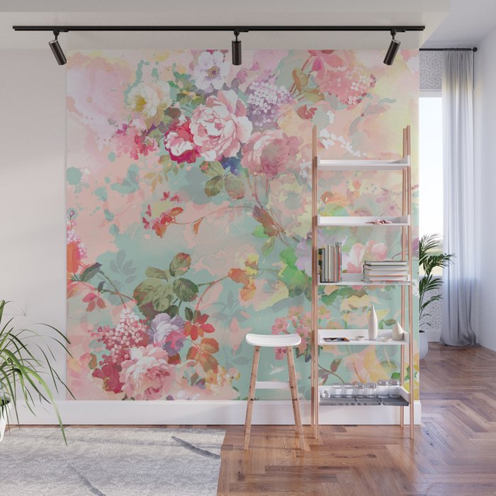 Botanical neo mint pink abstract watercolor floral pattern Wall Mural Gallery Image 1