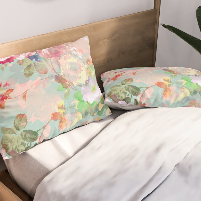 Botanical neo mint pink abstract watercolor floral pattern Pillow Sham Gallery Image 2