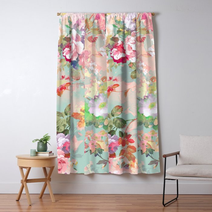 Botanical neo mint pink abstract watercolor floral pattern Window Curtain Gallery Image 1