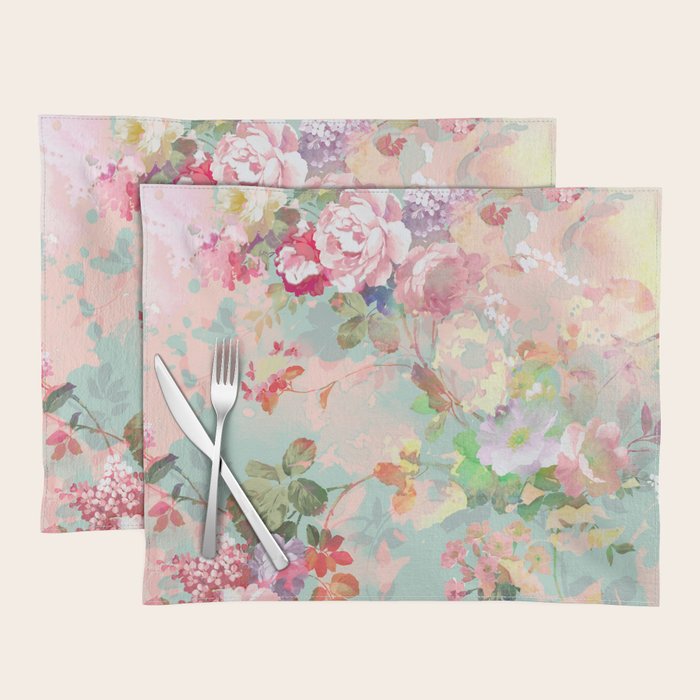 Botanical neo mint pink abstract watercolor floral pattern Placemat Gallery Image 1