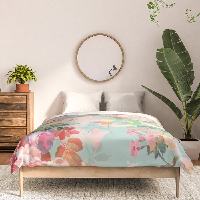 Botanical neo mint pink abstract watercolor floral pattern Comforter Gallery Image 3