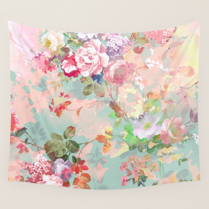 Botanical neo mint pink abstract watercolor floral pattern Wall Tapestry Gallery Image 4