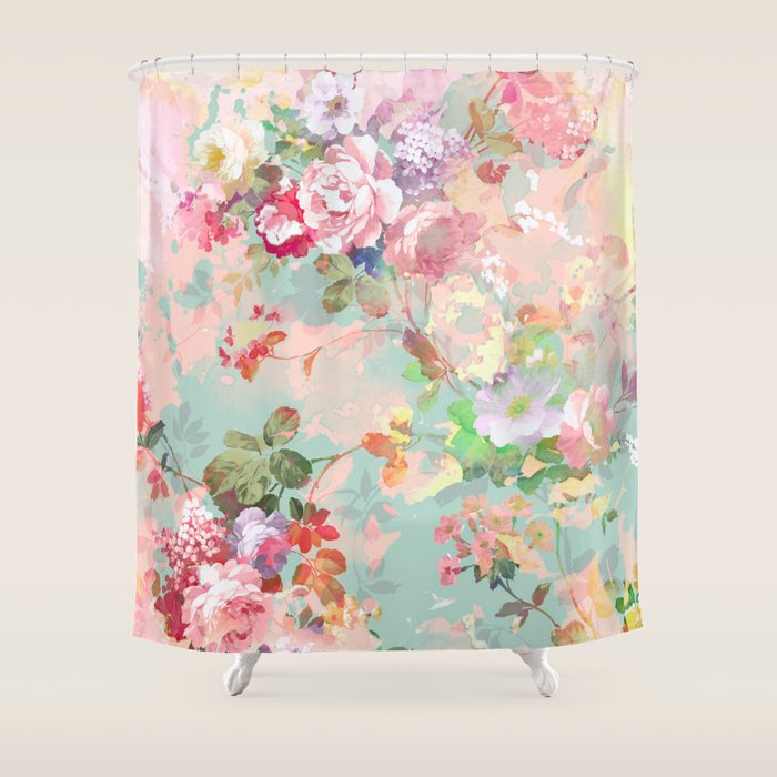 Botanical neo mint pink abstract watercolor floral pattern Shower Curtain Gallery Image 1