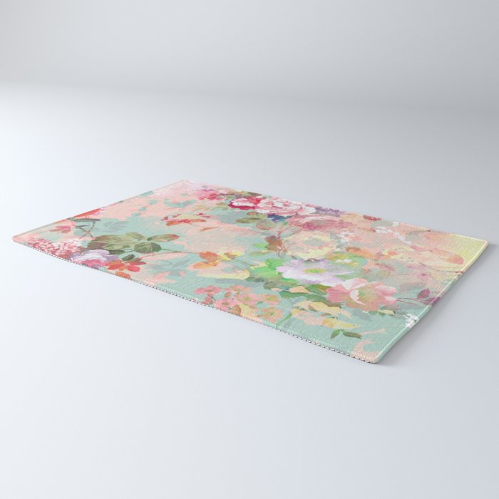 Botanical neo mint pink abstract watercolor floral pattern Rug Gallery Image 3