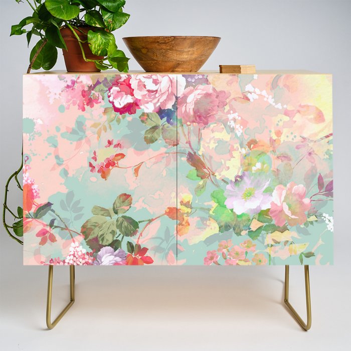 Botanical neo mint pink abstract watercolor floral pattern Credenza Gallery Image 1