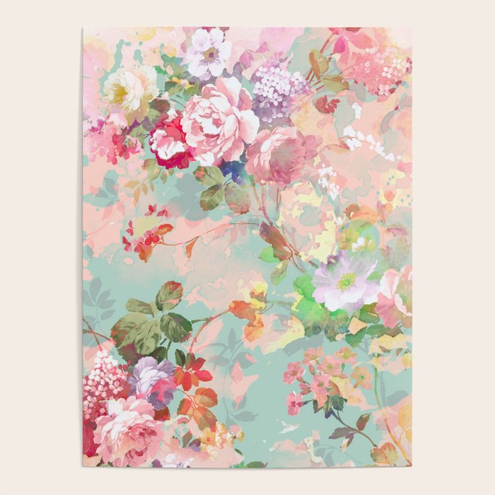 Botanical neo mint pink abstract watercolor floral pattern Poster Gallery Image 4
