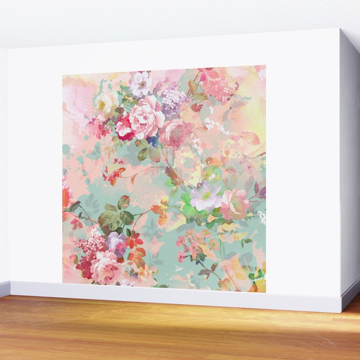 Botanical neo mint pink abstract watercolor floral pattern Wall Mural Gallery Image 2