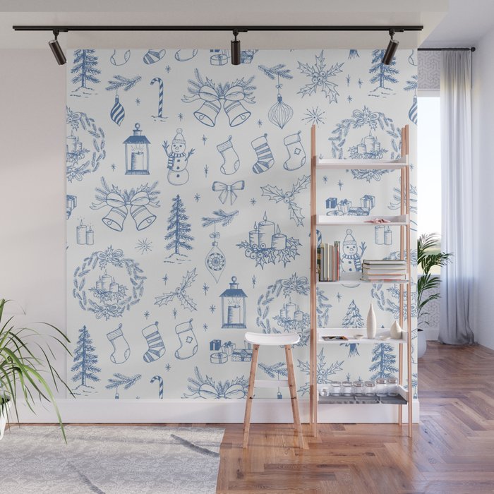 Christmas Toile // Blue & White Wall Mural Gallery Image 1