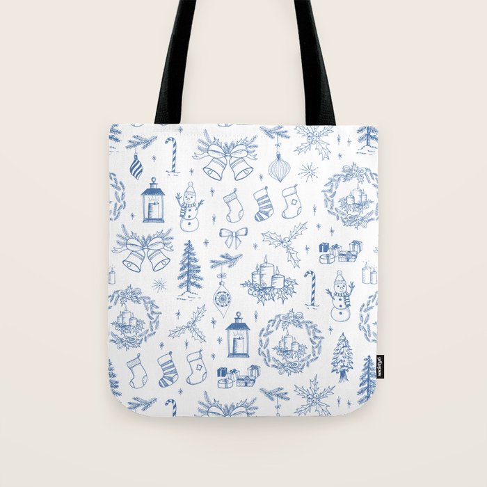 Christmas Toile // Blue & White Tote Bag Gallery Image 1