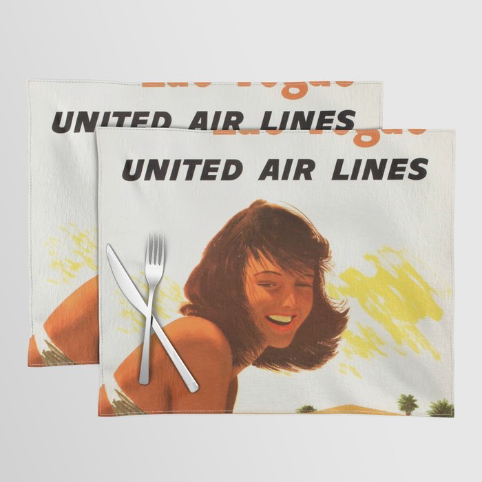 Vintage Las Vegas United Air Lines Travel Poster "Day Time Sun Night Time Fun" Placemat Gallery Image 1