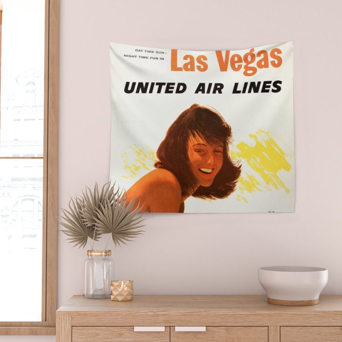 Vintage Las Vegas United Air Lines Travel Poster "Day Time Sun Night Time Fun" Wall Tapestry Gallery Image 2