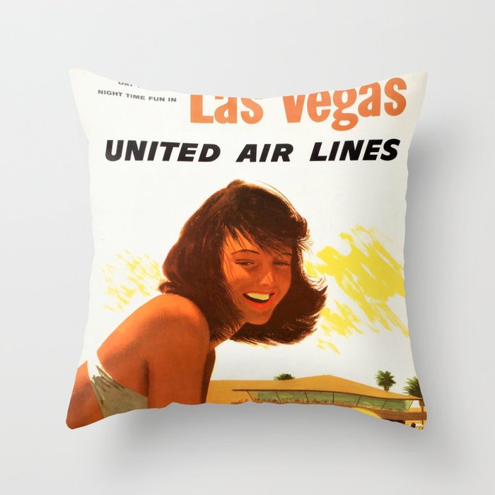 Vintage Las Vegas United Air Lines Travel Poster "Day Time Sun Night Time Fun" Throw Pillow Gallery Image 6