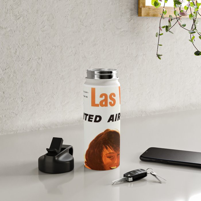 Vintage Las Vegas United Air Lines Travel Poster "Day Time Sun Night Time Fun" Water Bottle Gallery Image 4