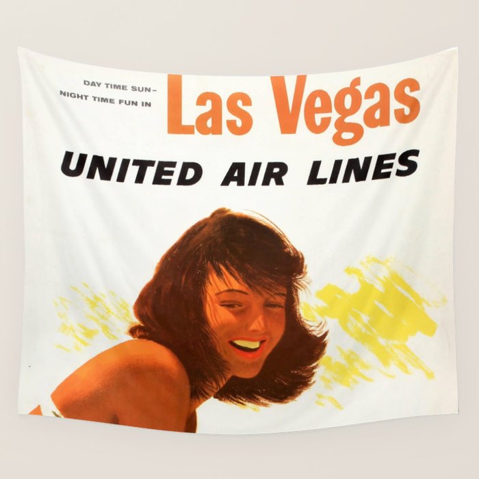Vintage Las Vegas United Air Lines Travel Poster "Day Time Sun Night Time Fun" Wall Tapestry Gallery Image 1