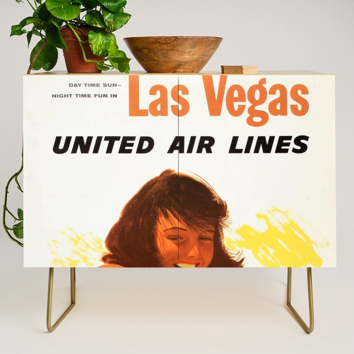 Vintage Las Vegas United Air Lines Travel Poster "Day Time Sun Night Time Fun" Credenza Gallery Image 1