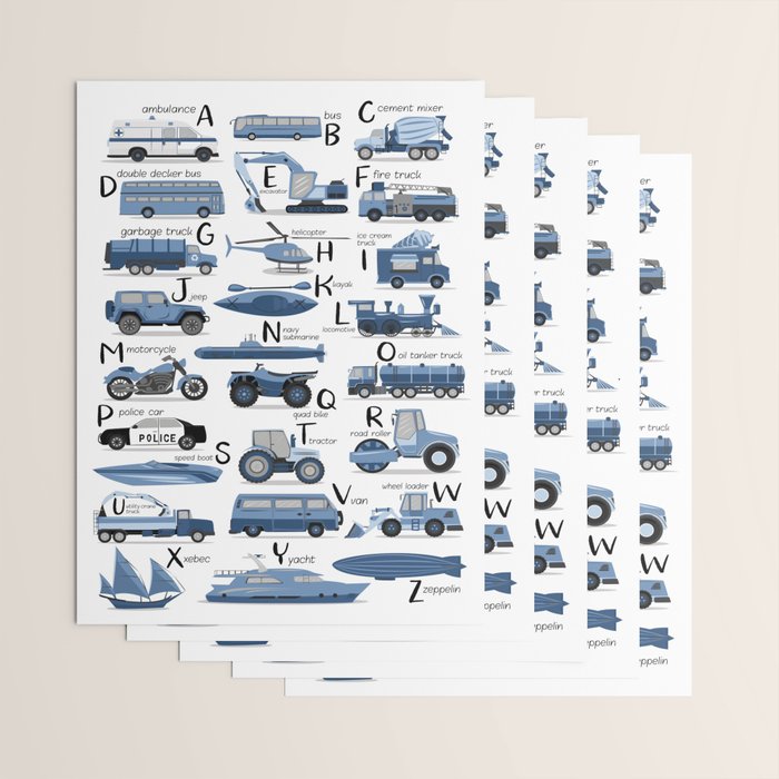 Transportation Alphabet in Blue  Wrapping Paper Gallery Image 3