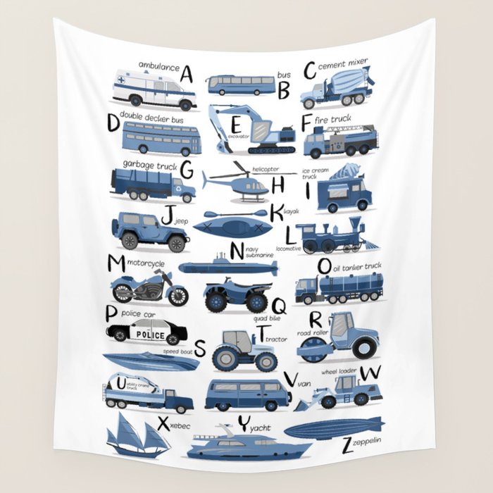 Transportation Alphabet in Blue  Wall Tapestry Gallery Image 4