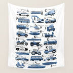 Transportation Alphabet in Blue  Wall Tapestry Gallery Image 4