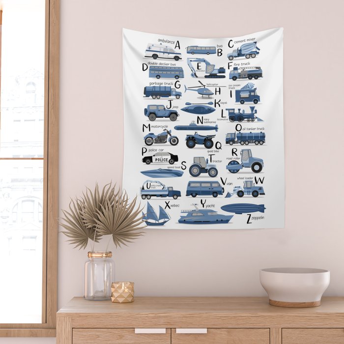 Transportation Alphabet in Blue  Wall Tapestry Gallery Image 2