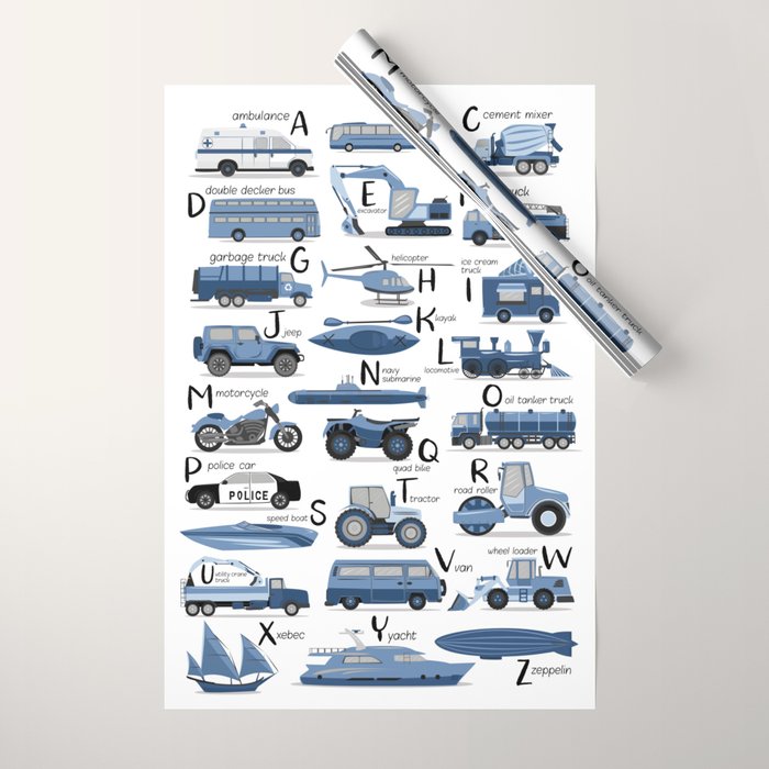 Transportation Alphabet in Blue  Wrapping Paper Gallery Image 1