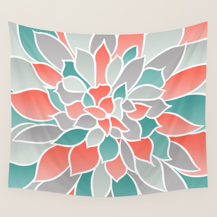Modern Floral Prints, Coral, Teal Green and Gray Wall Tapestry Gallery Image 1