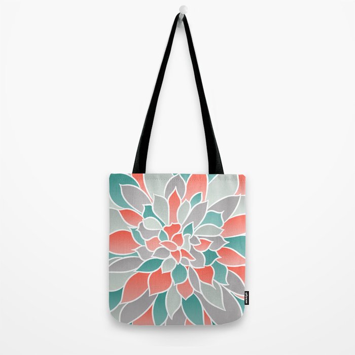 Modern Floral Prints, Coral, Teal Green and Gray Tote Bag Gallery Image 2
