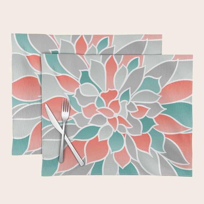 Modern Floral Prints, Coral, Teal Green and Gray Placemat Gallery Image 1