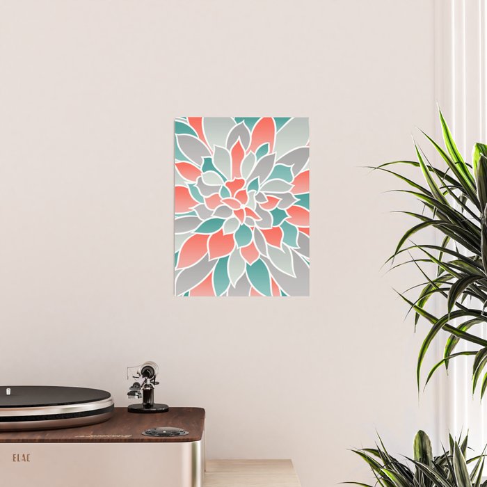 Modern Floral Prints, Coral, Teal Green and Gray Poster Gallery Image 2