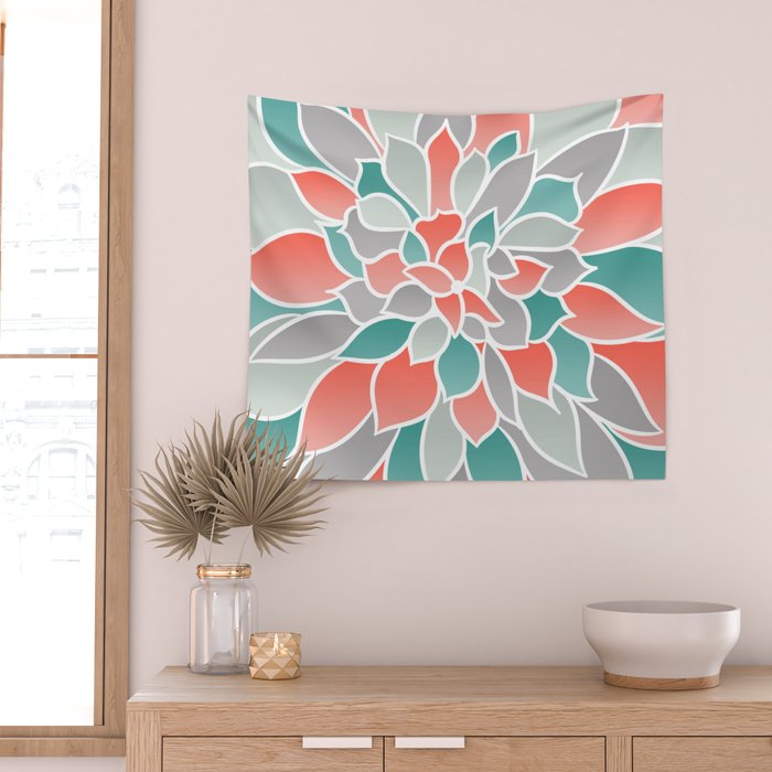 Modern Floral Prints, Coral, Teal Green and Gray Wall Tapestry Gallery Image 2