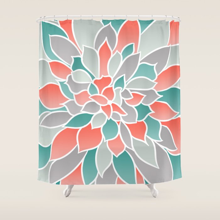 Modern Floral Prints, Coral, Teal Green and Gray Shower Curtain Gallery Image 1
