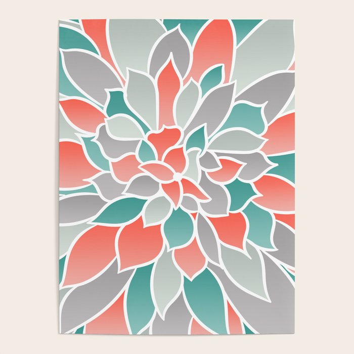 Modern Floral Prints, Coral, Teal Green and Gray Poster Gallery Image 4