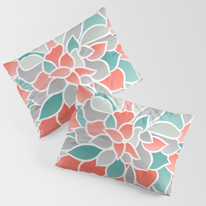 Modern Floral Prints, Coral, Teal Green and Gray Pillow Sham Gallery Image 3