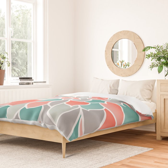 Modern Floral Prints, Coral, Teal Green and Gray Duvet Cover Gallery Image 2