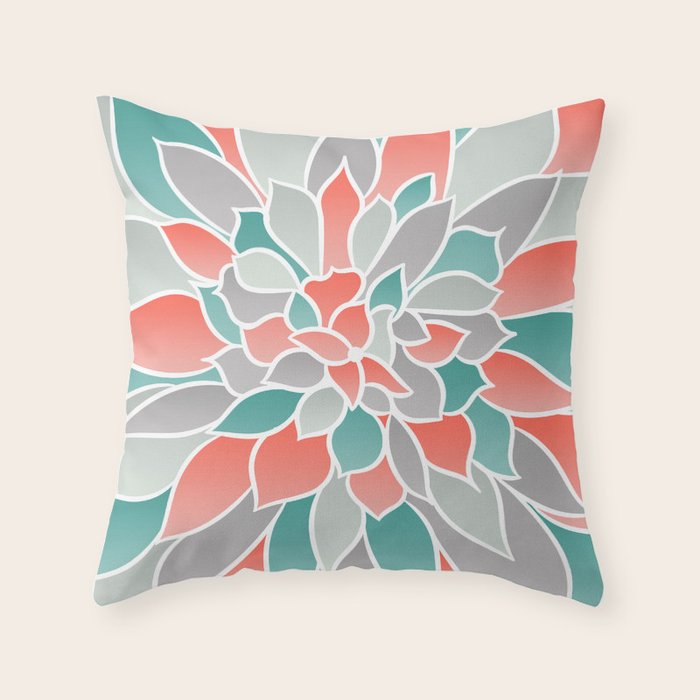 Modern Floral Prints, Coral, Teal Green and Gray Throw Pillow Gallery Image 6