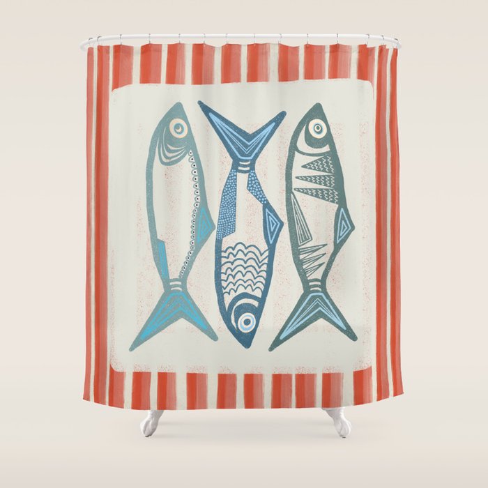 Le Sardine With Pink Stripes - Retro Art Print Shower Curtain Gallery Image 1