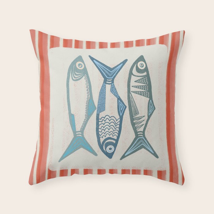 Le Sardine With Pink Stripes - Retro Art Print Throw Pillow Gallery Image 1