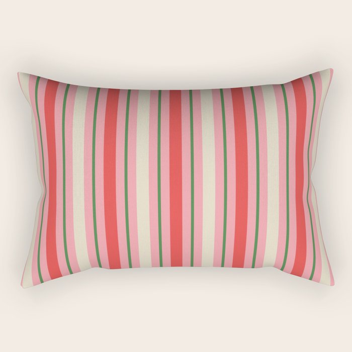 Old Fashioned Retro Christmas Stripe Pattern Vertical Pink, Red, Green, and Beige Rectangular Pillow Gallery Image 2