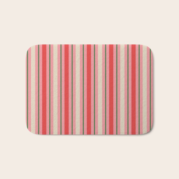 Old Fashioned Retro Christmas Stripe Pattern Vertical Pink, Red, Green, and Beige Bath Mat Gallery Image 1