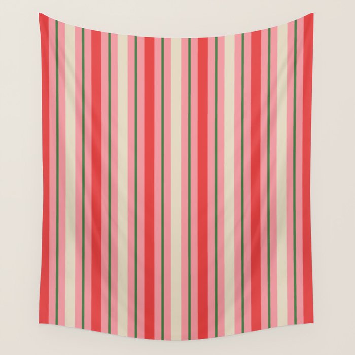 Old Fashioned Retro Christmas Stripe Pattern Vertical Pink, Red, Green, and Beige Wall Tapestry Gallery Image 1