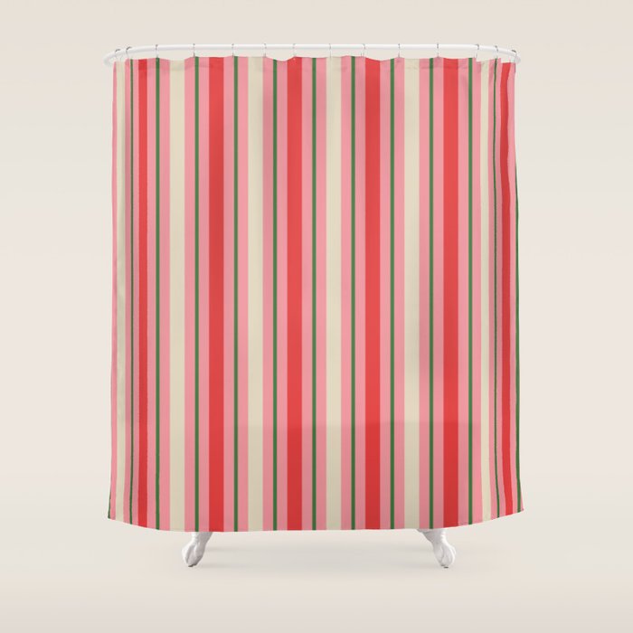Old Fashioned Retro Christmas Stripe Pattern Vertical Pink, Red, Green, and Beige Shower Curtain Gallery Image 1