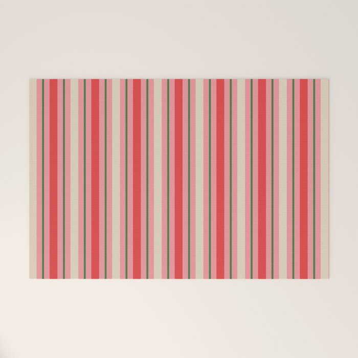 Old Fashioned Retro Christmas Stripe Pattern Vertical Pink, Red, Green, and Beige Welcome Mat Gallery Image 1