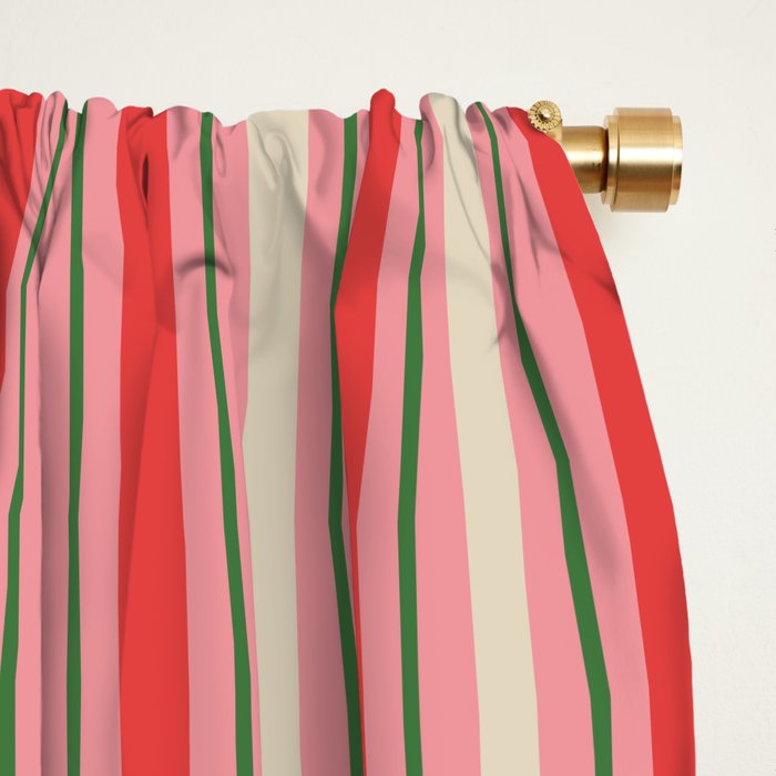 Old Fashioned Retro Christmas Stripe Pattern Vertical Pink, Red, Green, and Beige Window Curtain Gallery Image 2