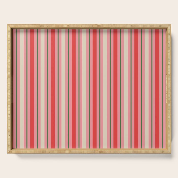 Old Fashioned Retro Christmas Stripe Pattern Vertical Pink, Red, Green, and Beige Serving Tray Gallery Image 1