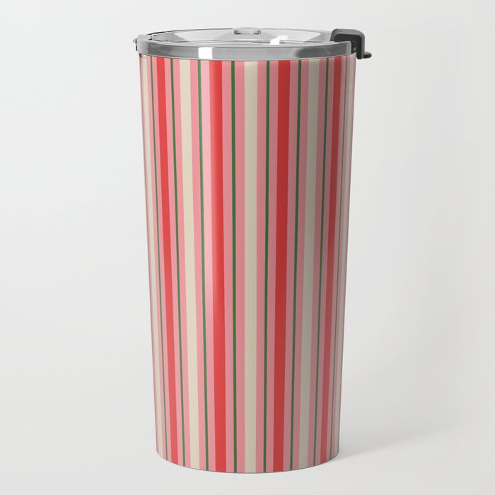 Old Fashioned Retro Christmas Stripe Pattern Vertical Pink, Red, Green, and Beige Travel Mug Gallery Image 2