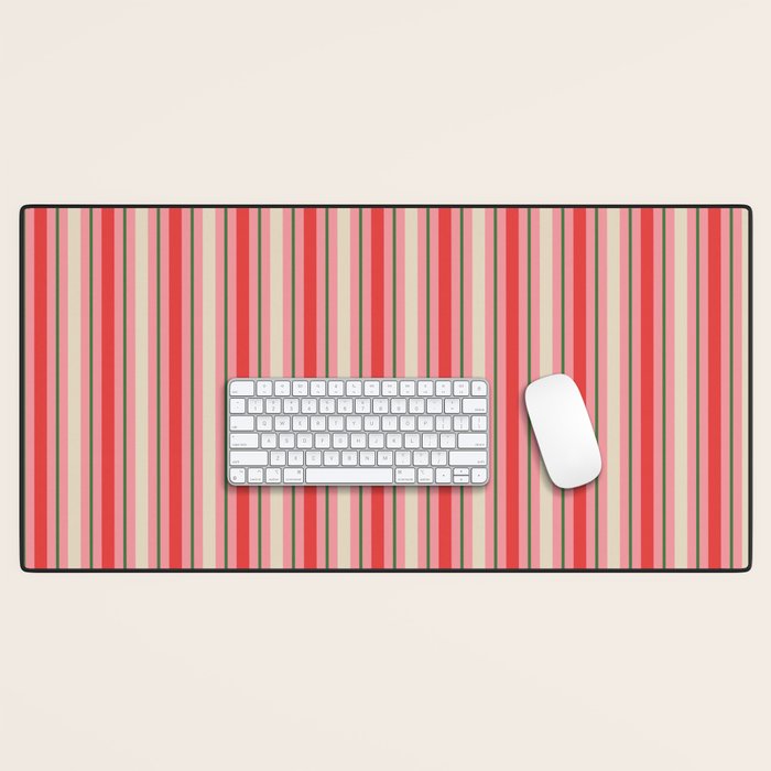 Old Fashioned Retro Christmas Stripe Pattern Vertical Pink, Red, Green, and Beige Desk Mat Gallery Image 1