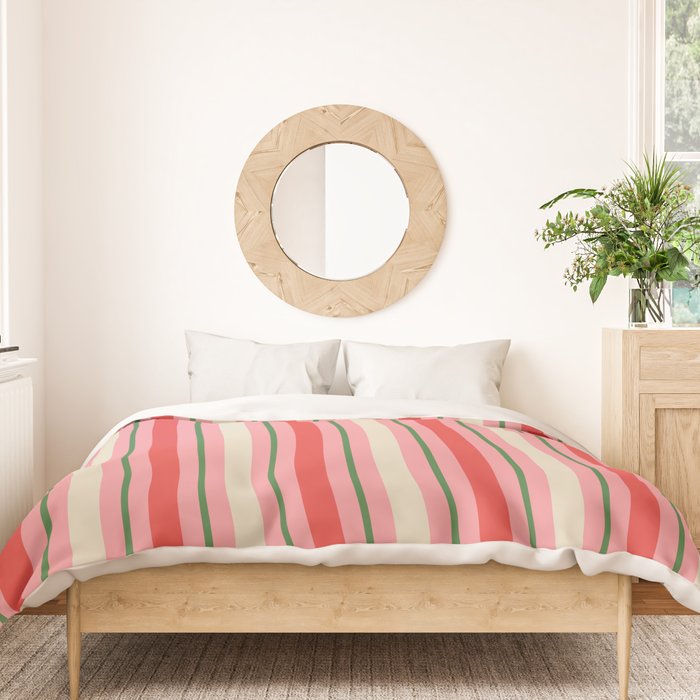 Old Fashioned Retro Christmas Stripe Pattern Vertical Pink, Red, Green, and Beige Duvet Cover Gallery Image 3